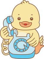 Baby duck calling someone by phone. Cute Duck icon. Funny baby Duck animal series stock illustration. life of fluffy Duck designs. vector
