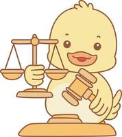 Baby duck bringa hammer and scales. Cute Duck icon. Funny baby Duck animal series stock illustration. life of fluffy Duck designs. vector