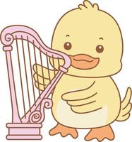 Baby duck playing a harpa. Cute Duck icon. Funny baby Duck animal series stock illustration. life of fluffy Duck designs. vector