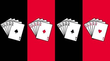 Two red columns frame sets of playing cards in black and white, highlighting symmetry and visual balance in card arrangement video