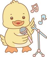 Baby duck sing a song with microphone. Cute Duck icon. Funny baby Duck animal series stock illustration. life of fluffy Duck designs. vector