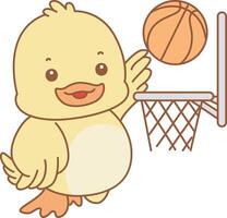 Baby duck playing a basketball. Cute Duck icon. Funny baby Duck animal series stock illustration. life of fluffy Duck designs. vector