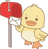 Baby duck sending a message by mail box. Cute Duck icon. Funny baby Duck animal series stock illustration. life of fluffy Duck designs. vector