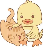 Baby duck playing with kitten. Cute Duck icon. Funny baby Duck animal series stock illustration. life of fluffy Duck designs. vector