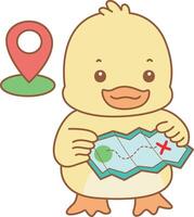 Baby duck see the map to finding a location. Cute Duck icon. Funny baby Duck animal series stock illustration. life of fluffy Duck designs. vector