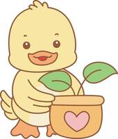 Bbay duck bring a leaves in the pot . Cute Duck icon. Funny baby Duck animal series stock illustration. life of fluffy Duck designs. vector
