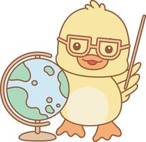 Baby duck with globe.Cute Duck icon. Funny baby Duck animal series stock illustration. life of fluffy Duck designs. vector