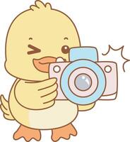 Baby duck click the camera. Cute Duck icon. Funny baby Duck animal series stock illustration. life of fluffy Duck designs. vector