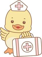 Baby duck bring a first aid kit. Cute Duck icon. Funny baby Duck animal series stock illustration. life of fluffy Duck designs. vector
