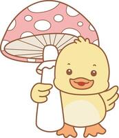 Baby duck bring a mushroom. Cute Duck icon. Funny baby Duck animal series stock illustration. life of fluffy Duck designs. vector