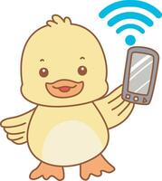 Baby duck finding an internet signal. Cute Duck icon. Funny baby Duck animal series stock illustration. life of fluffy Duck designs. vector