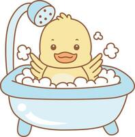 Baby duck take a bath. Cute Duck icon. Funny baby Duck animal series stock illustration. life of fluffy Duck designs. vector