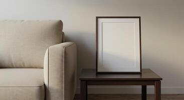 A white frame sitting on a table next to a couch photo