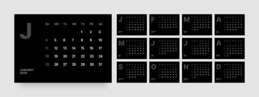 Monthly calendar layout for 2026 year. Wall or desk calendar 2026 in dark color. Week Starts on Sunday. vector