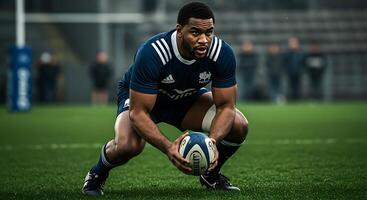 A rugby player crouches down on the field photo