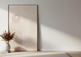 A large abstract painting in a room with a white wall and a vase photo
