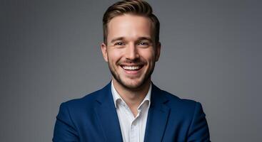 A man in a blue suit smiling photo