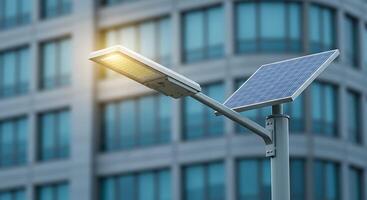A solar powered street light is shown in front of a building photo