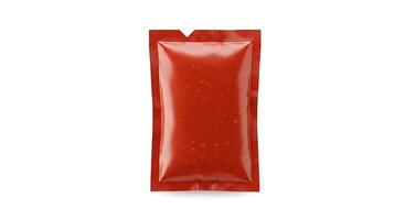 A red packet of ketchup on a white background photo
