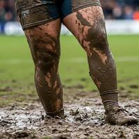 A man with muddy legs standing on a field photo