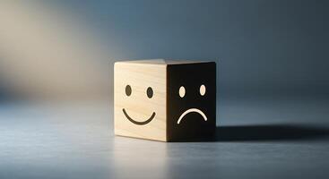 A wooden block with two faces on it photo