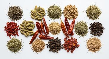 Various spices and herbs on white background photo
