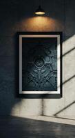 A framed art piece on a wall in a room photo