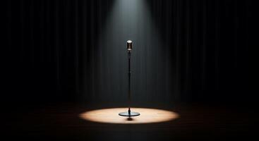 A microphone stands in front of a spotlight photo