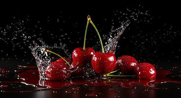 Cherries are being splashed with water photo