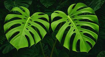 Two large green leaves are shown in front of a dark background photo