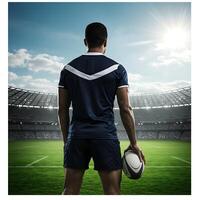 Rugby player standing on field with ball photo