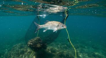 A fish is swimming in the water with a net photo