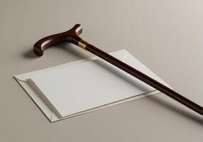 A cane and a blank card on a table photo
