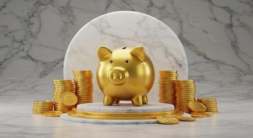 Golden piggy bank with coins on marble table photo
