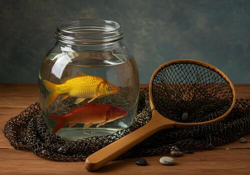 A fish in a jar with a net and a net photo