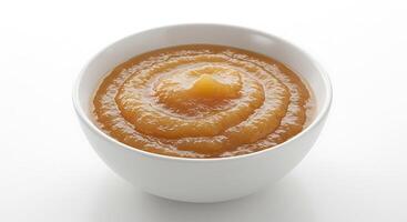 A bowl of caramel sauce on a white surface photo