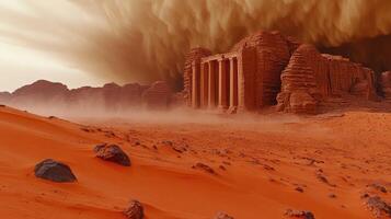 Ancient Martian Temple Red Planet Desert Storm Dramatic Landscape Mars epic dust wind view ruins photo