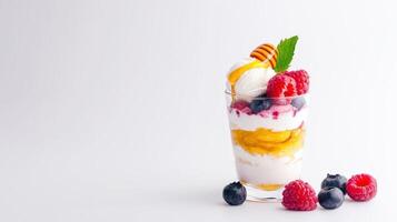 A delicious layered dessert in a glass features creamy vanilla ice cream, sweet raspberries, blueberries, and a drizzle of honey topped with a honeycomb piece and mint leaf. photo