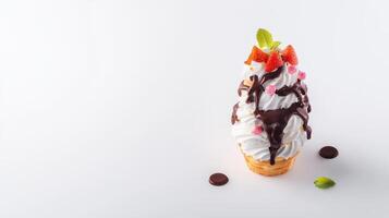 Ice cream cone with chocolate and strawberry on white background photo
