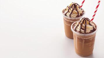 Two drinks with whipped cream and chocolate syrup photo