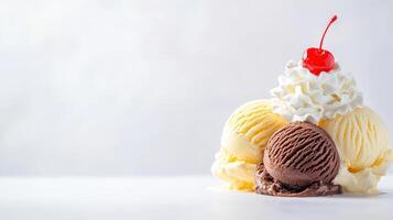 A delectable trio of vanilla and chocolate ice cream scoops topped with whipped cream and a bright red cherry sits on a pristine white surface. photo