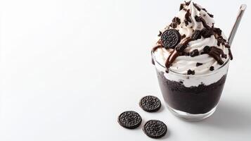 A delicious chocolate milkshake topped with whipped cream cookie crumbs and chocolate sauce sits in a clear glass on a white background perfect for dessert menus or food blogs. photo