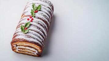 A delicious Christmas yule log cake decorated with holly leaves and red berries sits on a white background dusted with powdered sugar ready for the holidays. photo