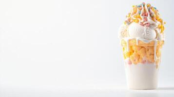 A delicious ice cream sundae in a waffle cup is topped with whipped cream and colorful cereal bits against a bright white background perfect for dessert menus or food blogs. photo