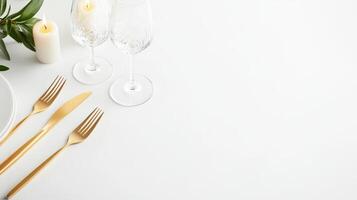 Golden cutlery and wine glasses on a white table photo