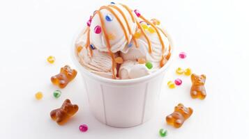 A delicious cup of creamy vanilla ice cream is generously topped with caramel sauce colorful sprinkles and surrounded by gummy bears. photo