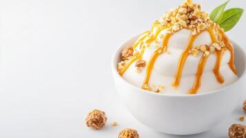 A delicious creamy soft serve ice cream dessert in a white bowl topped with caramel sauce and crunchy peanuts and popcorn. photo