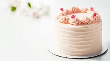 A delicate pink frosted cake adorned with edible flowers sits on a white surface against a blurred background of white blossoms creating a charming sptime dessert image. photo