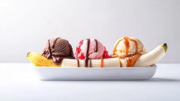 A delicious banana split dessert features three scoops of ice cream chocolate strawberry and vanilla with toppings arranged on a white rectangular dish. photo