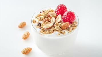 A delicious parfait of creamy yogurt topped with crunchy granola, sweet raspberries, and nutritious almonds in a clear glass bowl on a white background. photo